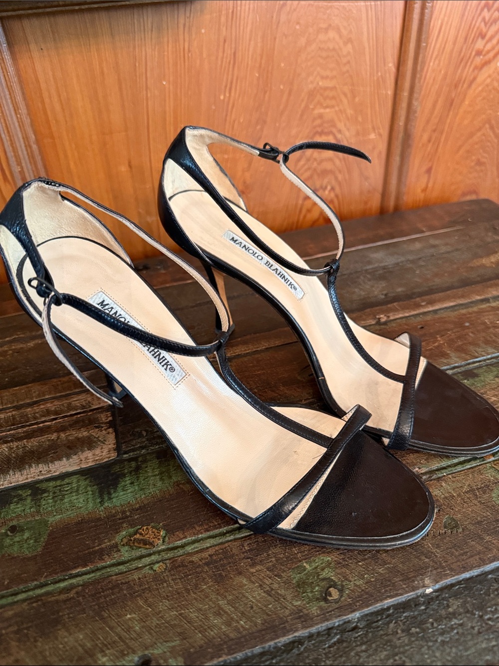 Manolo Blahnik Black Strappy T-Bar High Heel Sandals